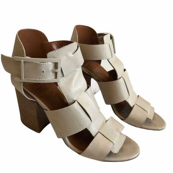 AQUATALIA Tan Heeled Sandal Freesia Caged 7.5 Block Heel Summer Chic 7 1/2 - Picture 1 of 10